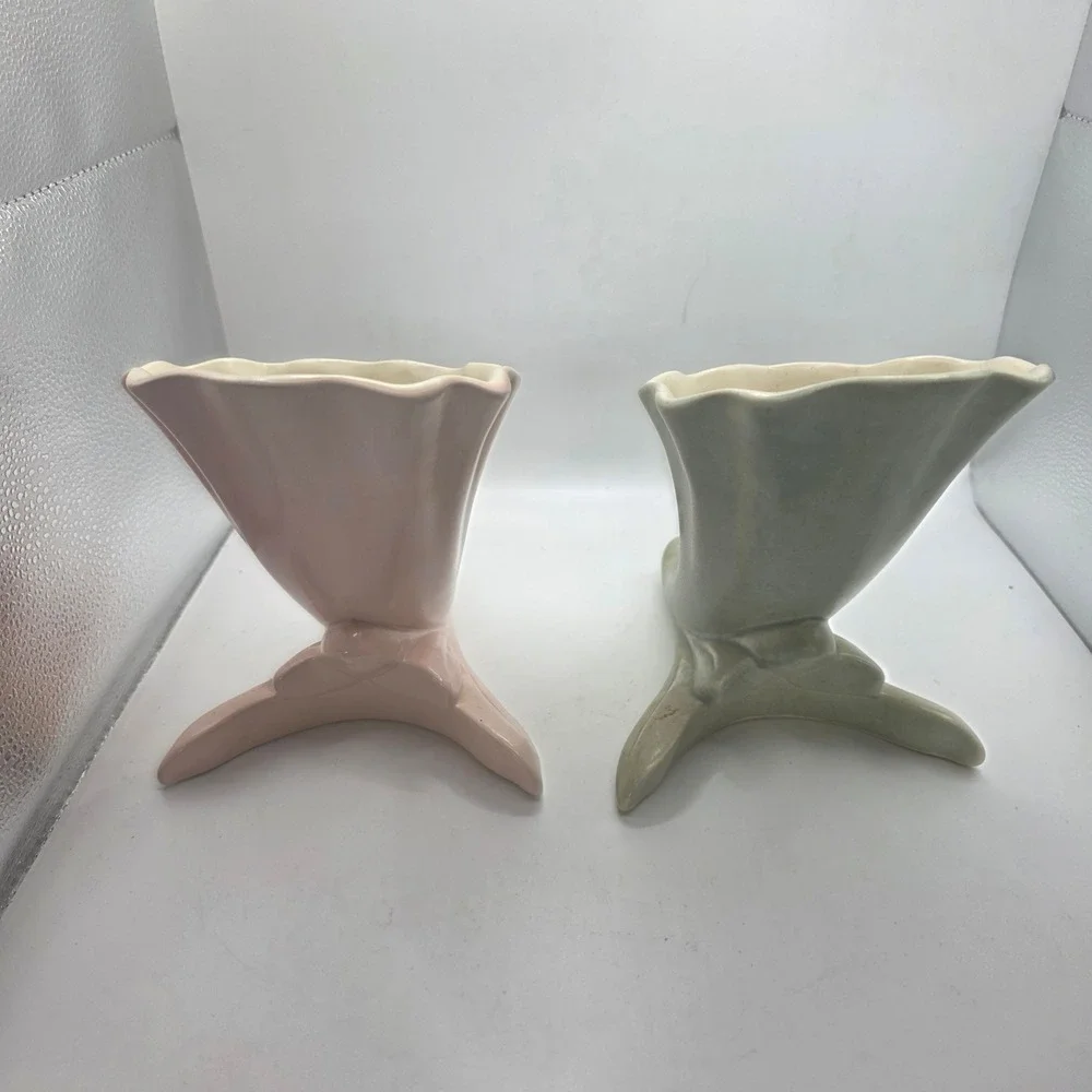Red Wing Pottery USA 1240 Cornucopia Vase Pair Pink Green MCM Art Pottery